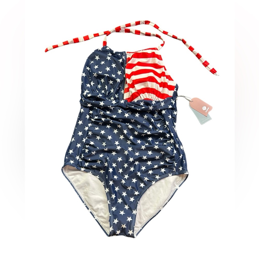 SMISMIVO womens stars & stripes Patriotic halter one piece swimsuit sz L NWT